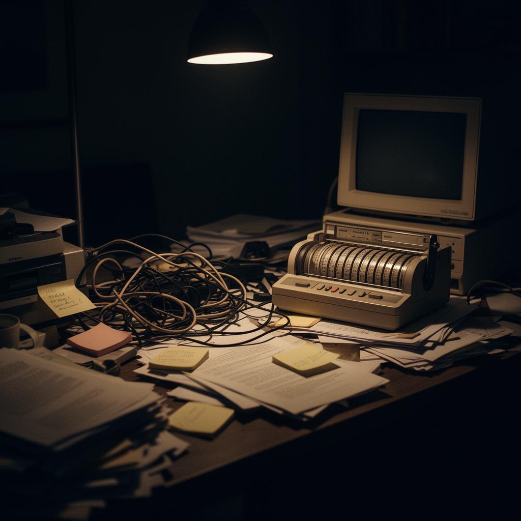 Tangled cables, sticky notes and old monitor representing manual workflows